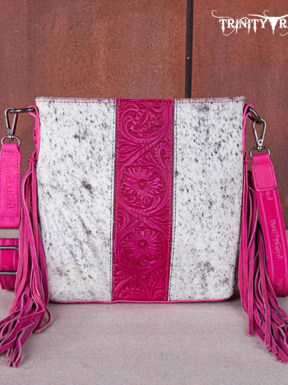 Trinity Ranch Hair-On Cowhide/Tooled Fringe Concealed Carry Crossbody Bag HPK